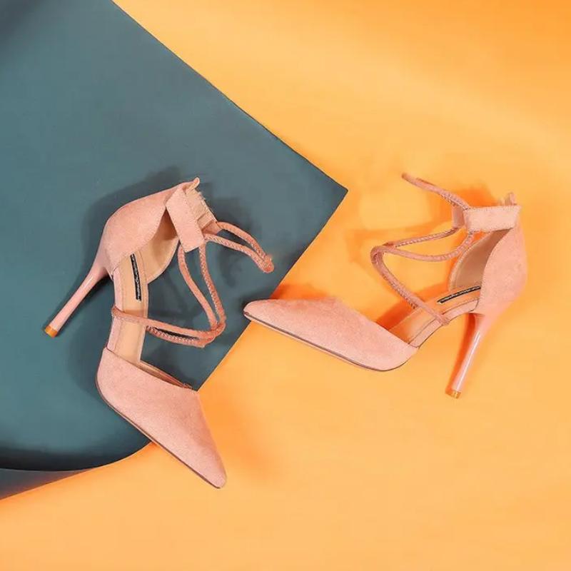 Nieuwe kruisband Romeinse sandalen Suède hoge hakken Damesschoenen Eenlijns gesp Fijne hak Puntige sandalen Zapatos De Mujer