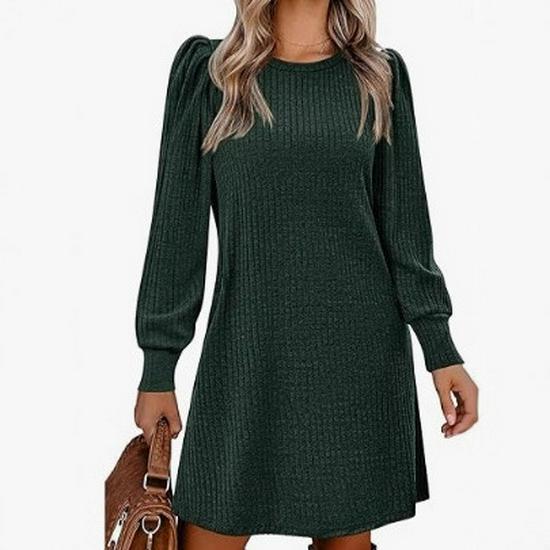 European & American Fashion Knitted Puff Sleeve Dress - Women's Autumn/Winter Casual Loose Fit with Pockets