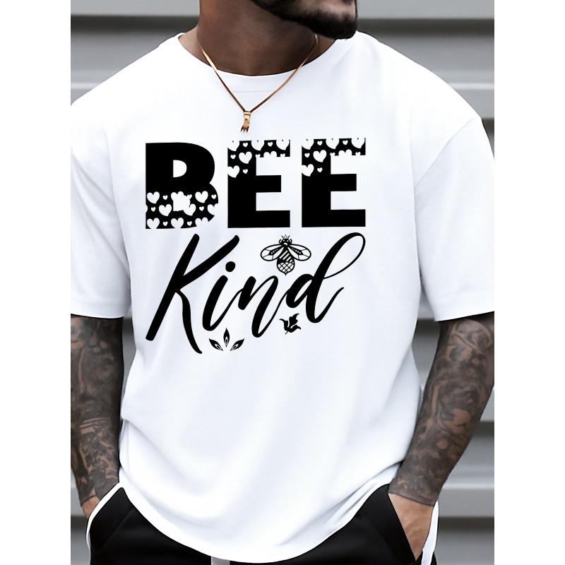 

European Size Men S Bee Kind Graphic T-Shirt with Bee & Floral Print - White Casual Short Sleeve Round Neck Loose Fit Tee for Spring Summer Fall S белый