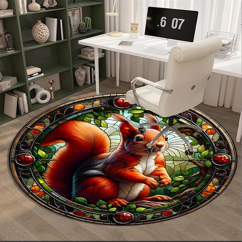 Squirrel And Acorns Stained Glass round carpet Chair cushion Round Entryway Rug, Soft Round Rugs for Living Room, Bedroom, Circle Carpet decor gifts