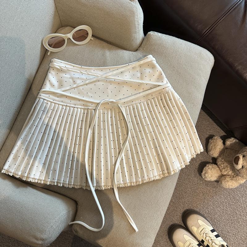 2025 Retro Lace-Up Wool Polka Dot Pleated Skirt: Women s Winter Slimming Short Skirt Extra Large абрикосовый