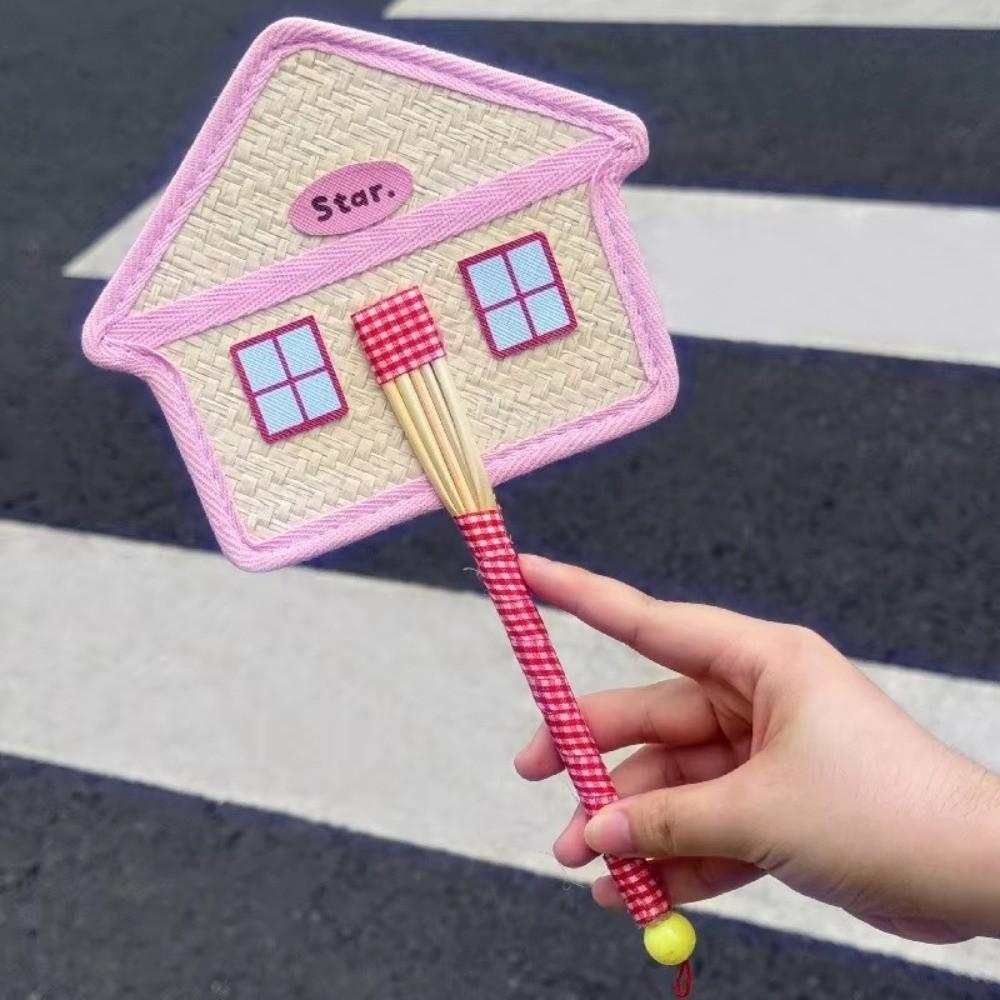 Portable Cartoon House Shape Fan Handcrafted Handwoven Handheld Cooling Fan Summer Daily Cooling