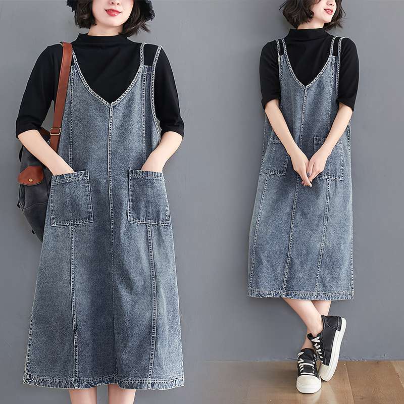 Abito estivo da donna, abito senza maniche, elegante, lungo, ampio, in denim blu, abiti basici