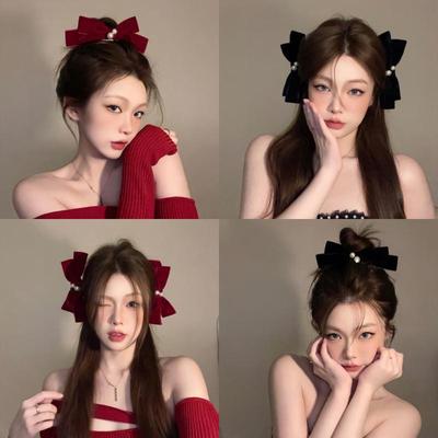 2 Stück Anmutige Retro Schwarz/Rote Samtschleife Clip Elegantes Zweiteiliges Schulparty Entenschnabel-Clip Für Alle Jahreszeiten Haaraccessoires
