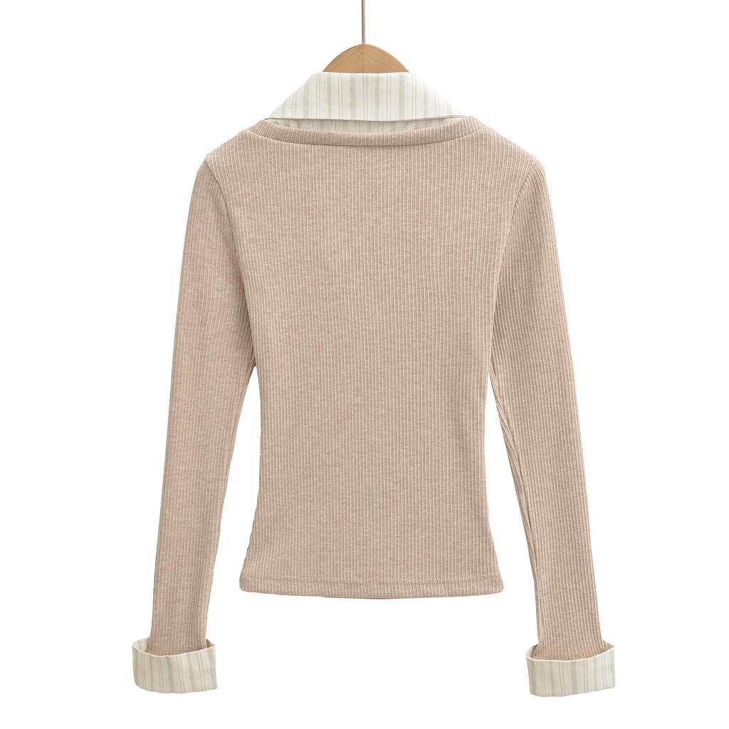 Women's Autumn Striped Patchwork Two-Piece Look Long Sleeve Slim Fit Top