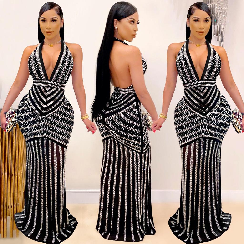 X3816 European Fashion Sexy Deep V Backless Rhinestone Long Nightclub Dress