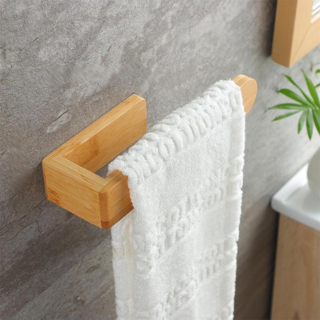 No Drill Wooden Towel Rack Adhesive Bathroom Organizer Waterproof Hanging Shelf for Kitchen Laundry Room