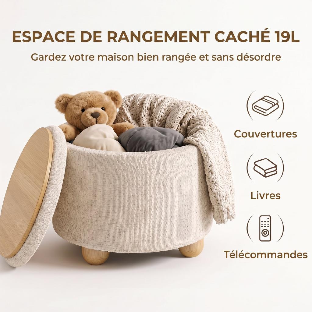Round Jute Storage Ottoman, Footrest with Lid, Hevea Wood Legs, Beige