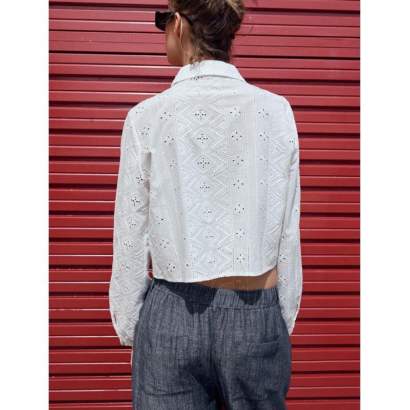 Spring and Summer New Women's Clothing Single-Breasted Cotton Cut Out Embroider Fashion Polo Collar Short Shirt Tops 4745022