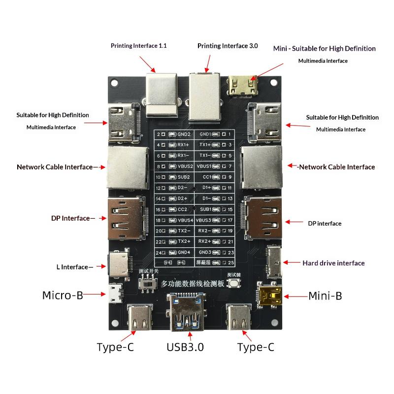 Usb Data Cable Tester Type-C Type-B Micro Short Circuit Switch Test Board Ethernet Line Detection Module Built-In Cr1220 Battery