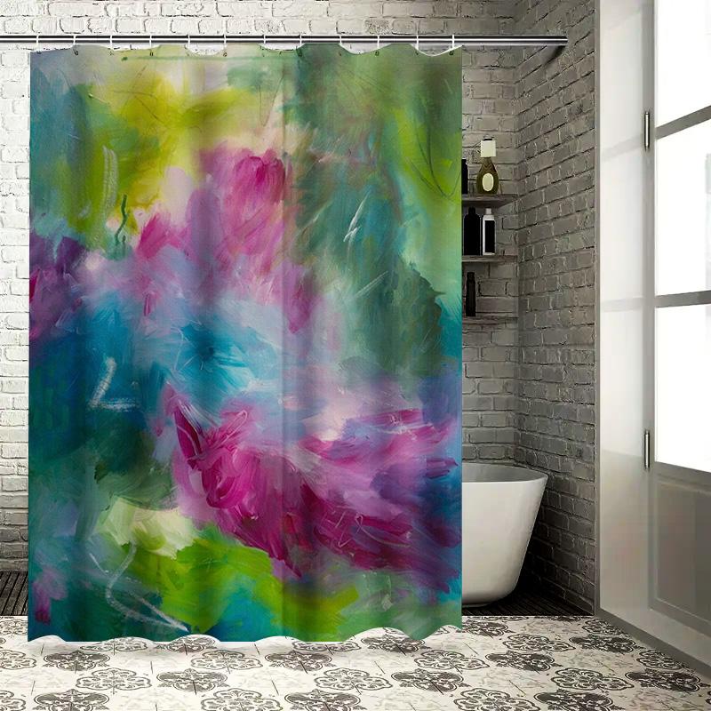 

Artistic Waterproof Bathroom Curtains Painted with Splashes of Color Soft Fabric Shower Curtain for Home Decor (Green Pink) 90x180cm