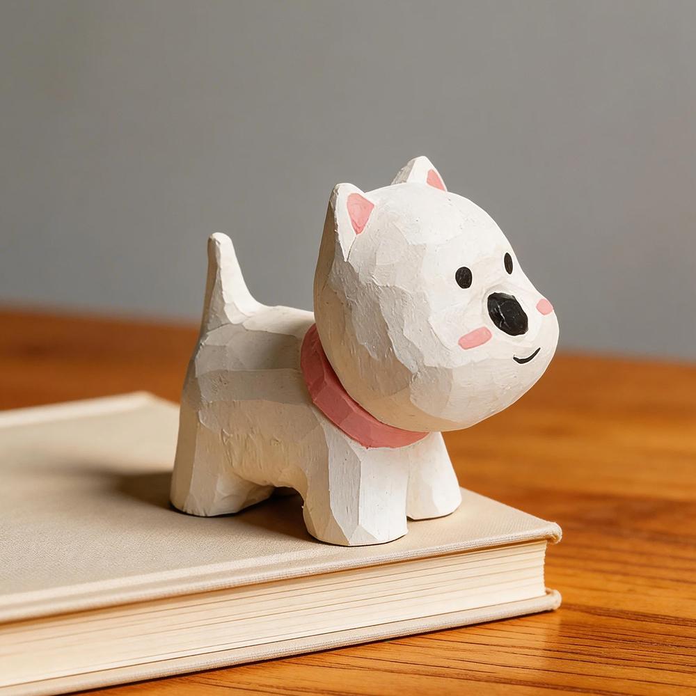 Cute Hand Carved Decorative Wooden Dog Figurines Hand-Painted Puppy Statue Ornament for Home Desk Decor Gift for Dog Lovers