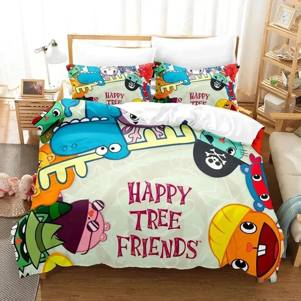 Juego de Ropa de Cama de Dibujos Animados Happy Tree Friends Funda Nórdica Juego de Cama Funda de Colcha Funda de Almohada Edredón tamaño King Queen Niños Ropa de Cama para Adultos