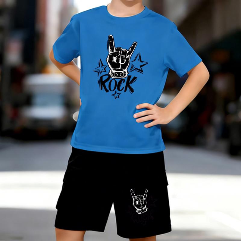 Boys 2 Piece Rock-themed Printed Outfit, Short Sleeve T-Shirt and Shorts Set for Kids Age 5-14,White Sporty Casual Summer Clothes