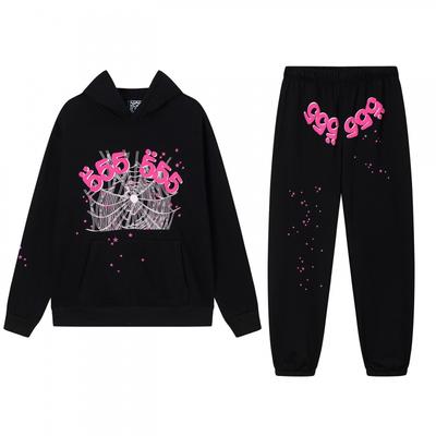 Sp5der Rosa Buchstaben Spinnennetz Hoodie Unisex Übergroß Baumwolle Sweatshirt Winter Warm Fleecegefüttert