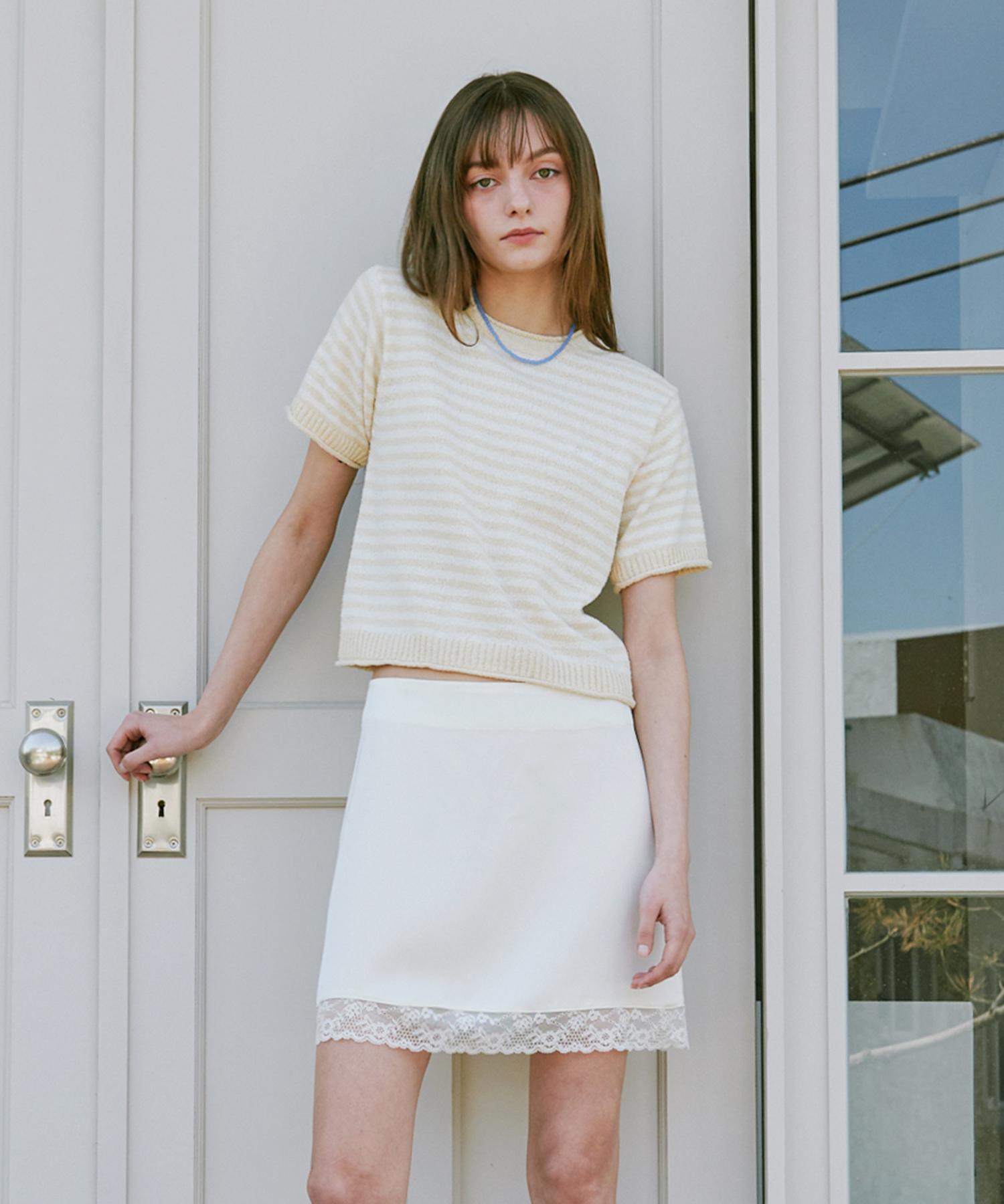 Belloel Round Stripe Half Sleeve Knit Lemon Free