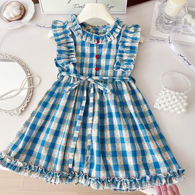 Mädchen Prinzessinnenkleid Karokleid mit Weste, Kinderkleid mit Flatterärmeln, Sommerliches Freizeitkleid für Mädchen