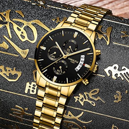 NIBOSI Men's Business Watch, Gold, Big Face, Chronograph, Analog, Stylish, Casual, Metal Band, Stainless Steel, Black, Date, Fluorescent, Luxury,
