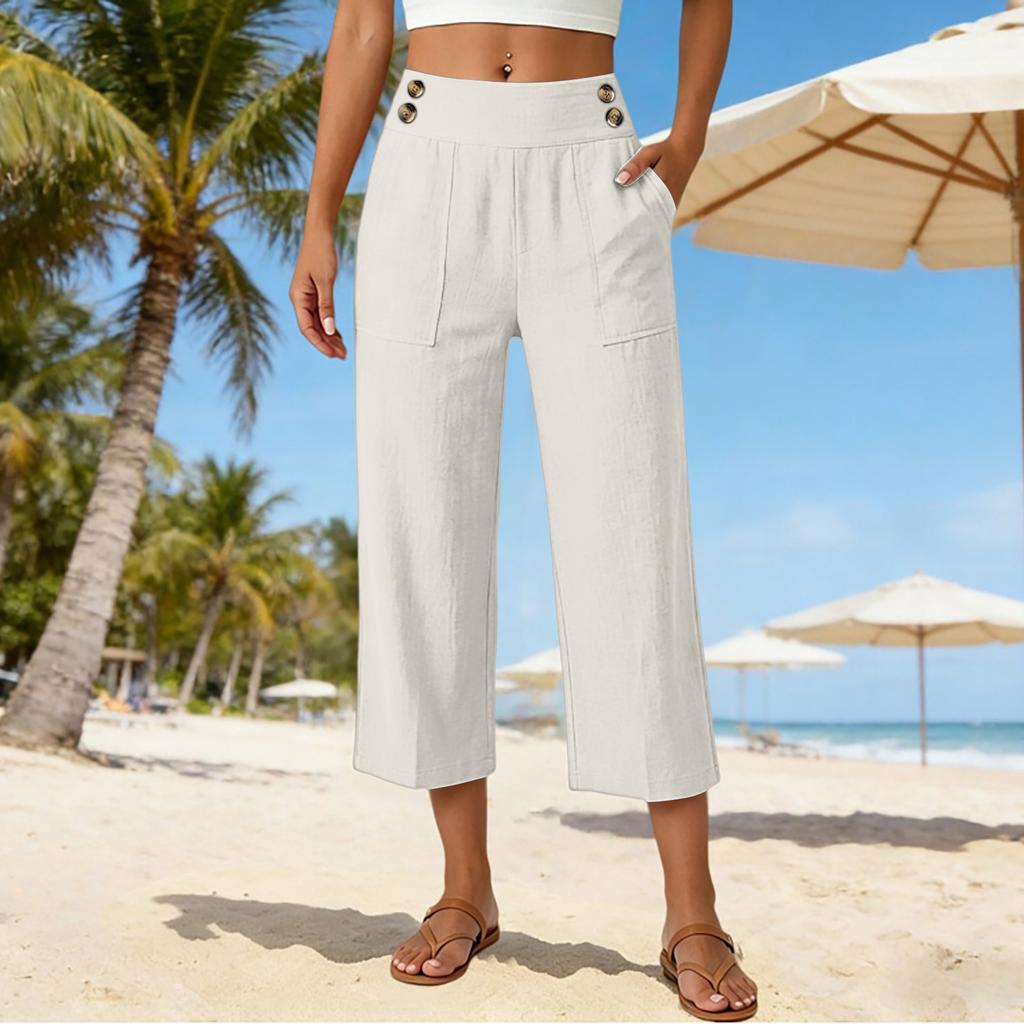 Women's Loose Fit Solid Color Straight Leg Elastic Waist Beach Capris Casual Pants with Button Detail and Side Pockets