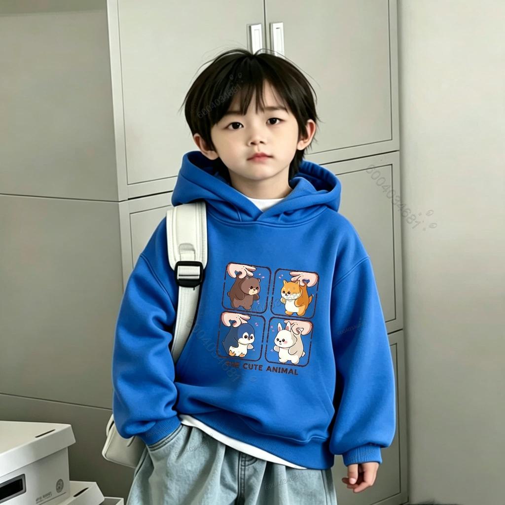 Autumn and winter trendy cute animal print children's sweatshirt, comfortable and warm everyday hooded top for boys and girls