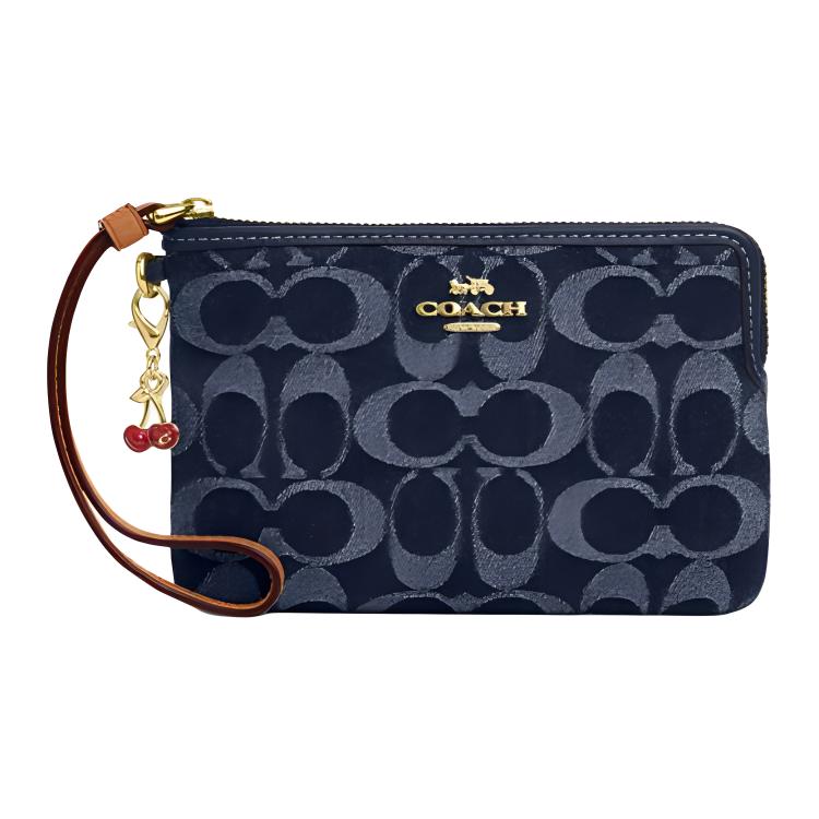 

Coach Navy Denim Signature Zip Wristlet with Cherry Charm & Wrist Strap for Daily Use Basic Set (Bag+Dust Bag)