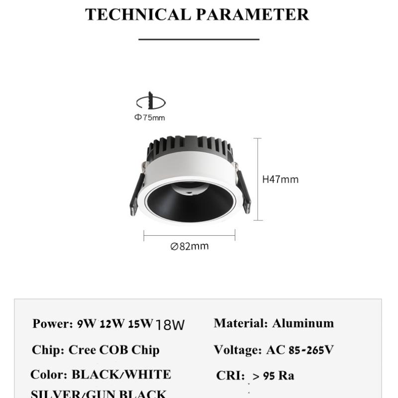 Hög ljusstyrka Djup Bländskydd Led Cob Downlight Smal Inbyggd Ultratunn 9W 12W 15W Led Takspotlight Aluminium Downlights