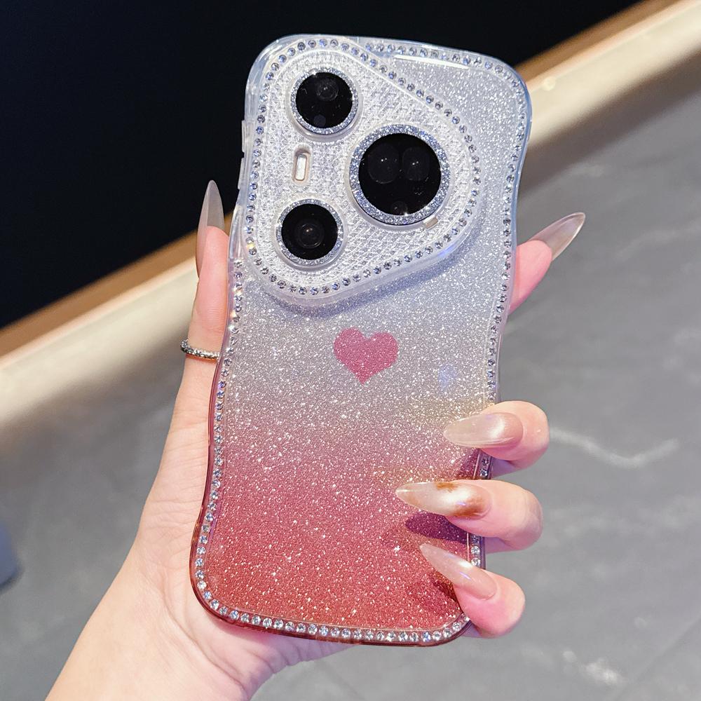 KEYSION Gradient Love Heart Wavy Phone Case for Huawei Pura 70 80 Pro 80 70 Ultra Glitter Jewelled Lens Protector Shockproof Cover