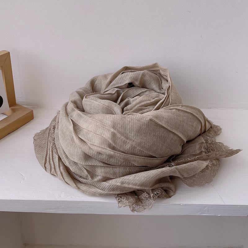 Sanftes Temperament Spitze Plissee Langer Baumwollleinen Schal für Damen Frühling und Herbst Reine Baumwollgaze Schal Sonnenschutz