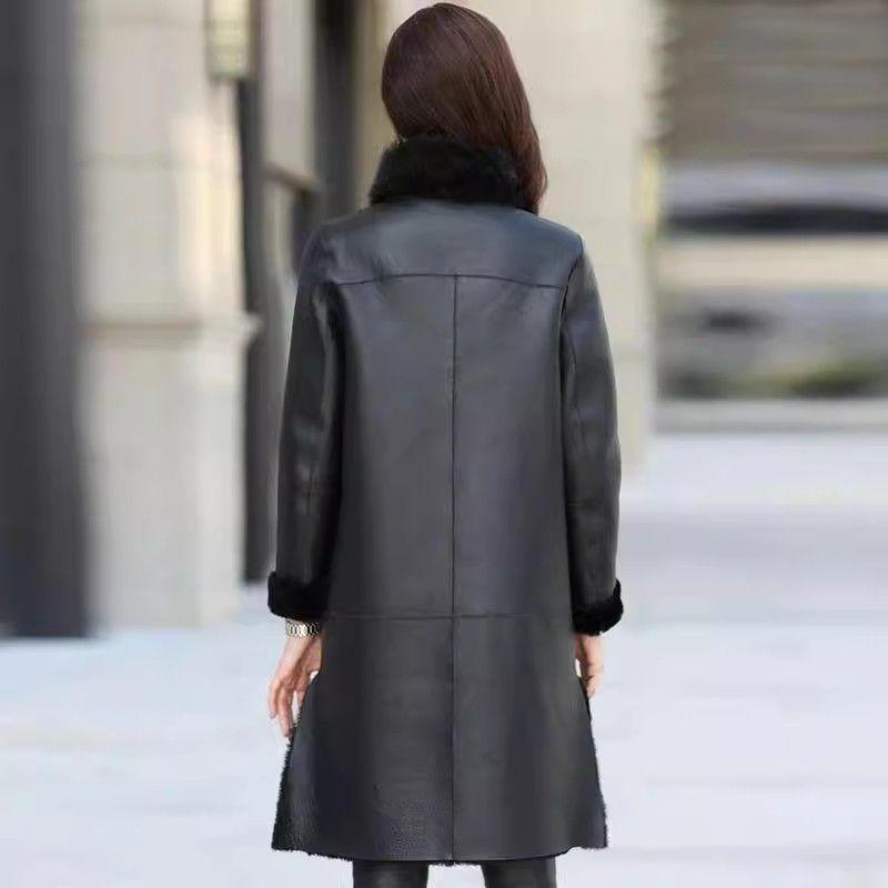 Autumn Winter Women's Leather Coat Thick Warm Mid-length Fleece-lined PU Leather Coat