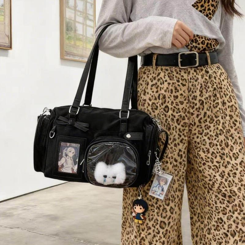 Schoolbag Women's Black Y2k Bow Ita Shoulder Bags Sweet Girl Transparent Bag Large Capacity Comic Exhibition Crossbody Bag Cute Diy Display Handbags