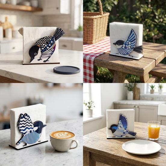 Wooden Paper Towel Holder Decorative Bird Turtle Floral Tissue Dispenser with Universal Card Slot, Napkin Dispenser for Kitchen Dining Table Counter