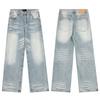 Mens Distressed Straight Fit Denim Jeans With Embroidery Mid-Rise Water Washed Cotton Blend Streetwear Casual Pants
