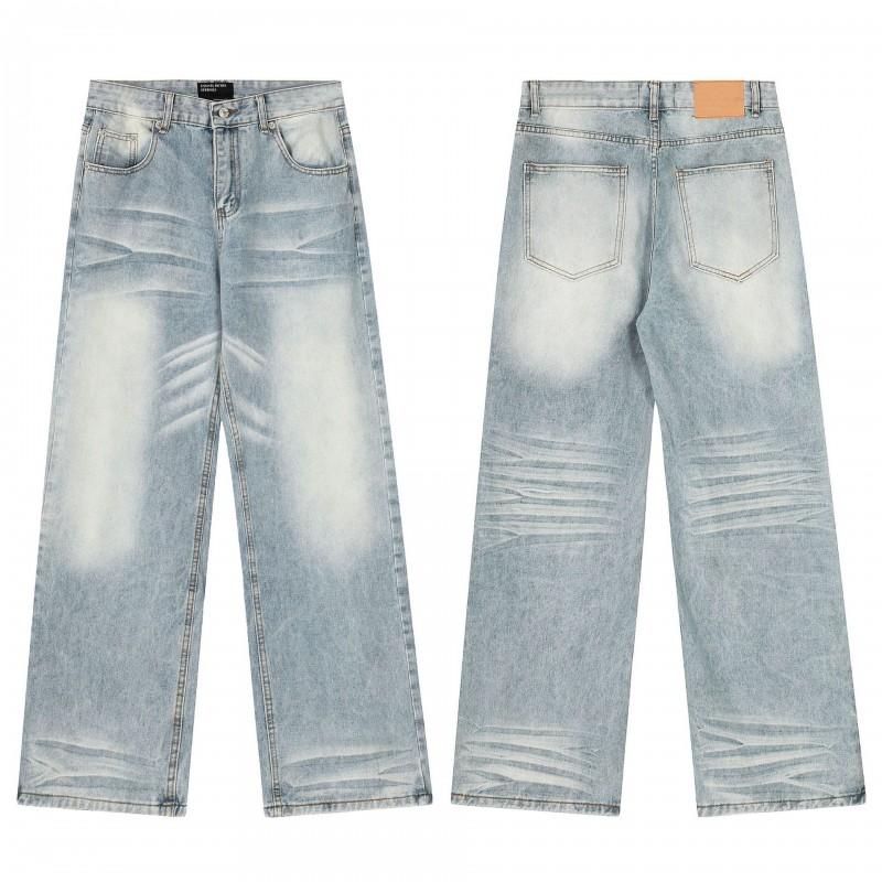 Mens Distressed Straight Fit Denim Jeans With Embroidery Mid-Rise Water Washed Cotton Blend Streetwear Casual Pants