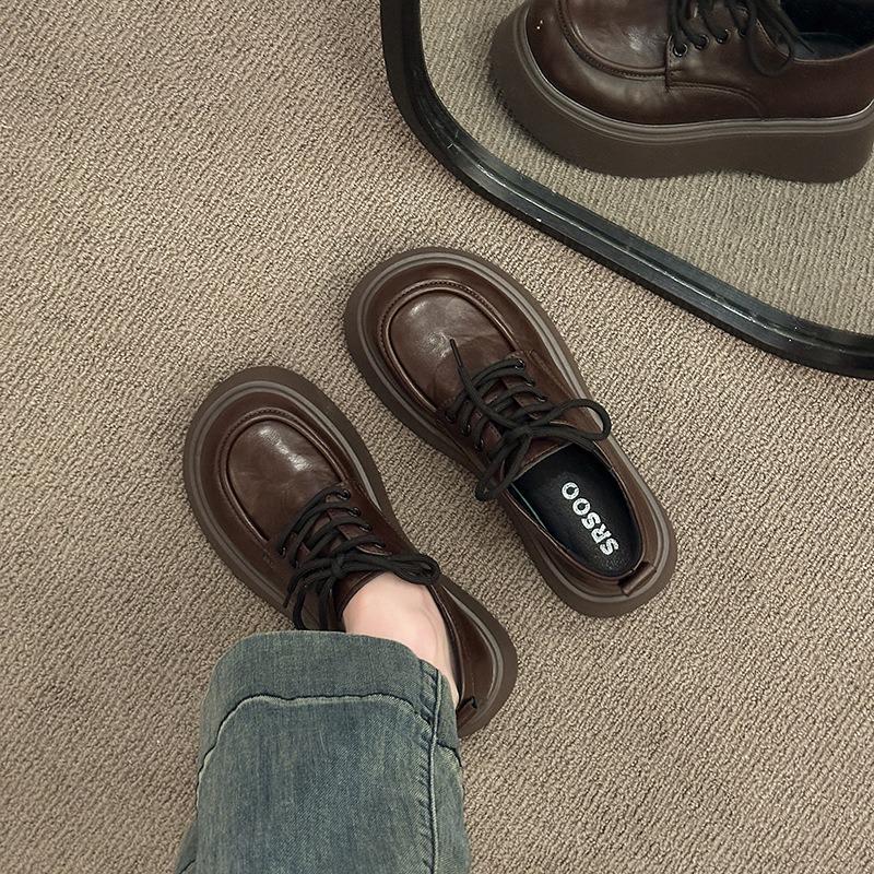 New lace-up platform small leather shoes women's spring muffin J retro loafer single shoes