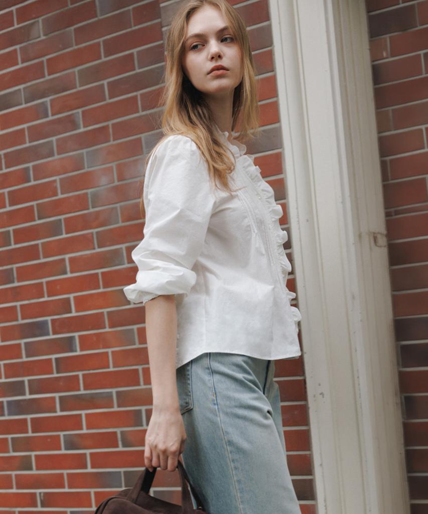 OSTKAKA Frill V-Neck Pintuck Blouse Ivory