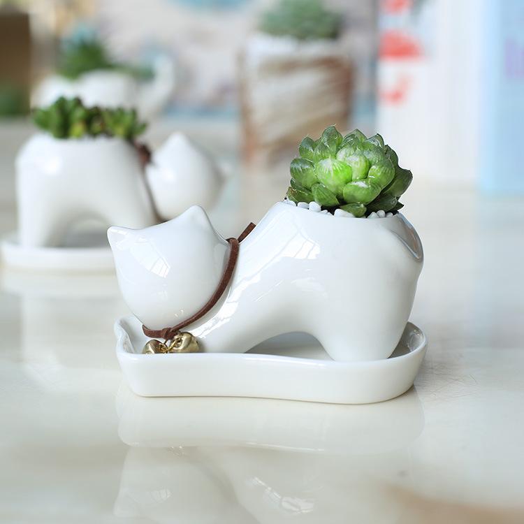 American Rural Creative White Ceramic Succulent Flower Pot, Home Decoration Mengmeng Cartoon Kitten Green Plant Potted Plant