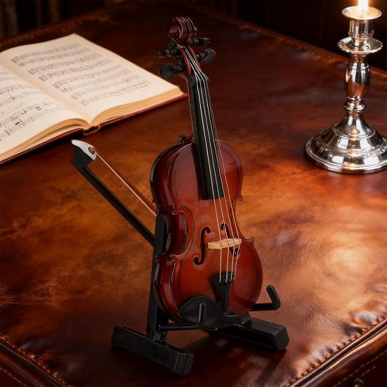 Wooden Mini Violin Model with Stand Playable Tiny Violin Figurine Miniature Musical Instrument Ornament Home Office Desktop Decoration