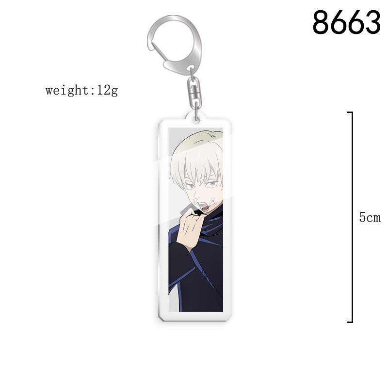 Jujutsu Kaisen Anime Keychain Featuring Gojo Satoru, Geto Suguru, Okkotsu Yuta, and Sukuna Backpack Pendant.
