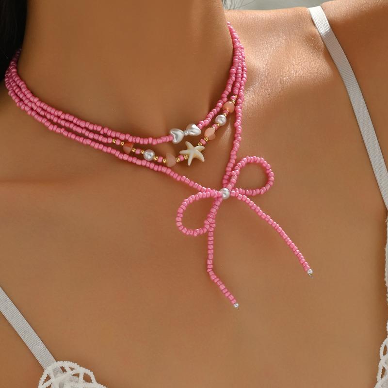 New Bow Colored Beaded Pendant Necklace Summer Versatile Dopamine Jewelry Necklace Women