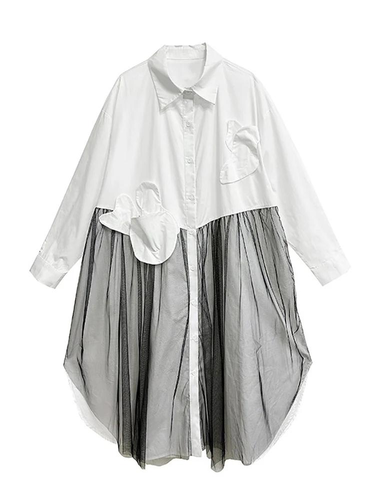 Xitao Patchwork Mesh Flower Fold Single Breasted Dress GMM1160