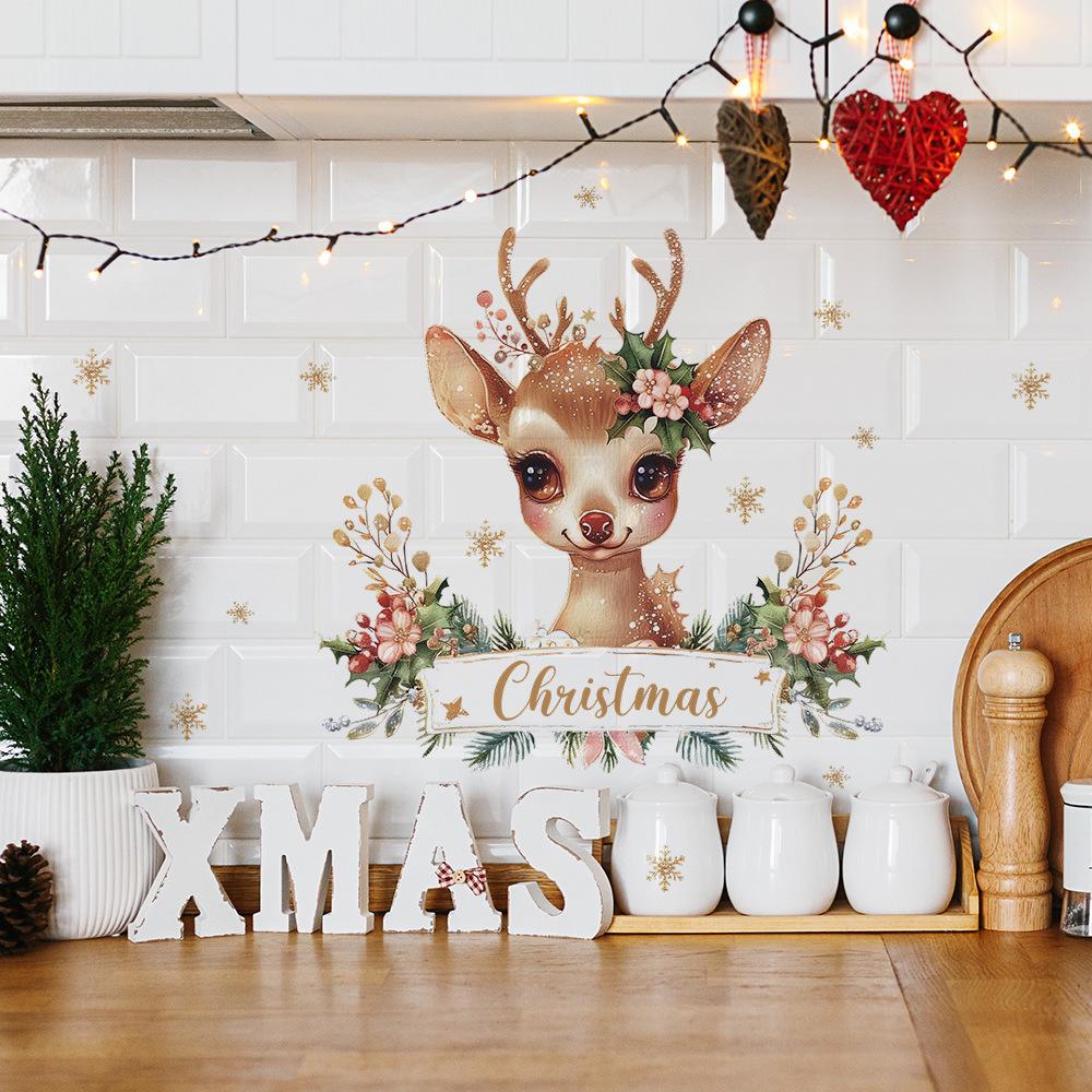 Christmas Deer English Slogan Green Plant Bedroom Living Room Study Background Landscaping Wall Sticker