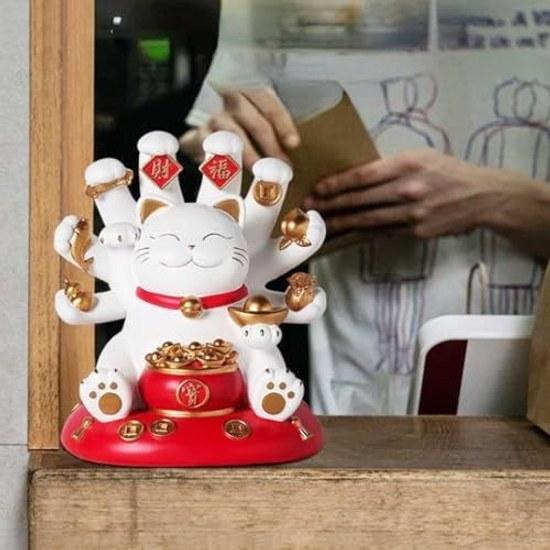 AiO JAPAN Feng Shui Figurine Senju Maneki Neko Cat Continues Invite Good Fortune Wealth Prosperity Gold Treasure Happiness Item Gift Small Present