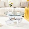 Multi-Color Optional MDF + Glass Round Coffee Table: White Imitation Marble Patterned Support Legs, 79cm Diameter, 0.8cm Thick Tempered Glass Surface.