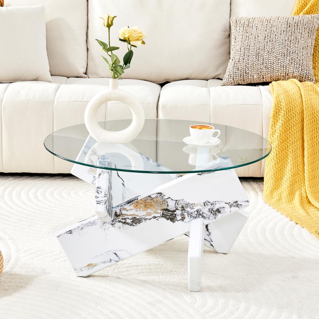 Multi-Color Optional MDF + Glass Round Coffee Table: White Imitation Marble Patterned Support Legs, 79cm Diameter, 0.8cm Thick Tempered Glass Surface.