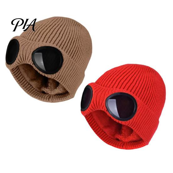 Warm Hat for Most Head Sizes 2Pcs Fleece Lined Hats with Goggles, Winter Knit Casual Accessory Outdoor Activities Hats, Windproof Skiing Caps