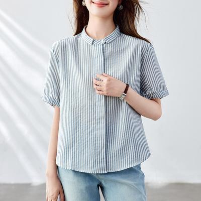 Small Square Collar Striped Shirt for Women Short-sleeved Summer New Top Loose Casual Women's Shirt