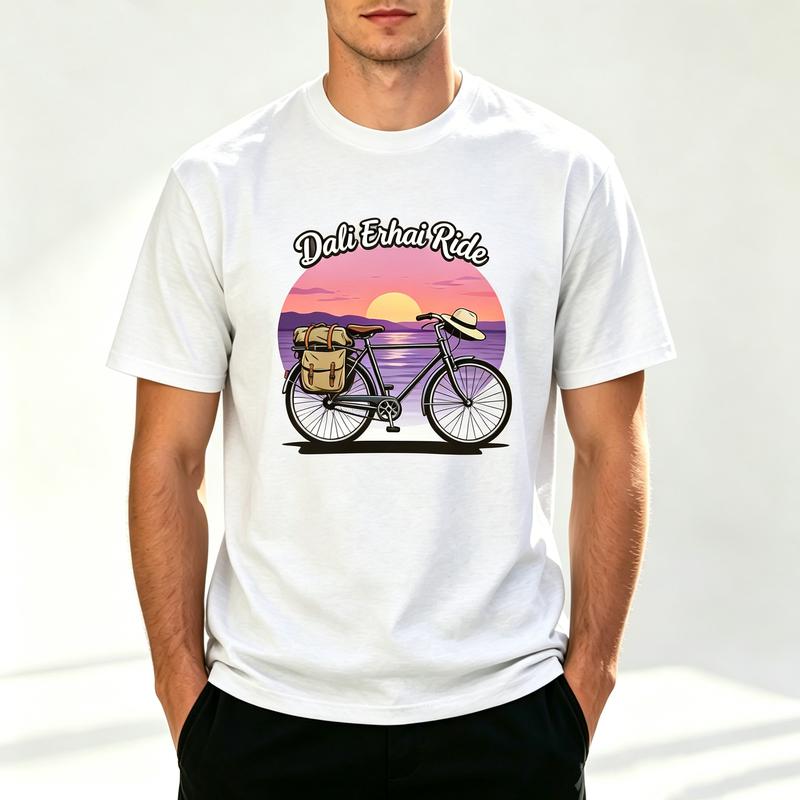 Dali Erhai Ride Sunset Bicycle Graphic Print T Shirt Unisex Unisex 100 Cotton Short Sleeve Casual Outdoor Cycling Travel Tee