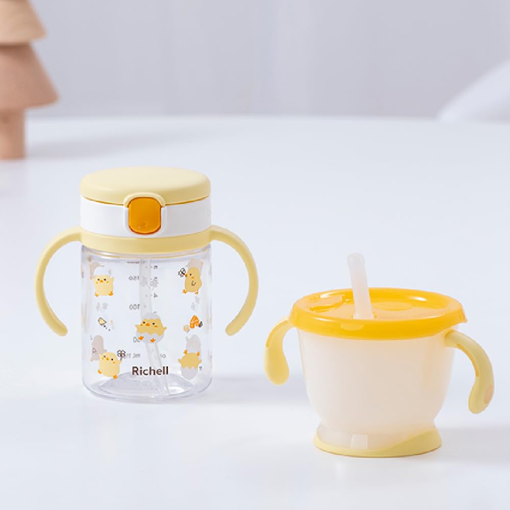 Richell Acria Straw Mug Set KN Light Yellow (Suitable for babies from 6 months old) - Easy to drink from, leak-proof.