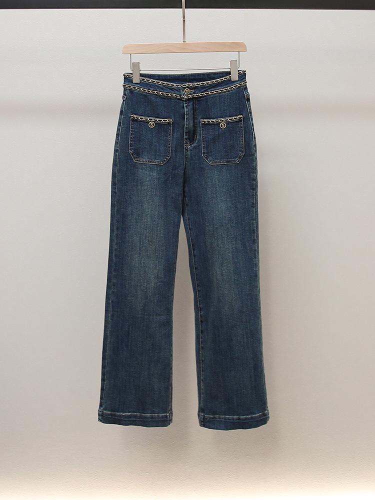 

Женские джинсы с высокой посадкой, зауженные, прямого кроя, с плетеным дизайном из цепочки - Осенняя коллекция Small синий