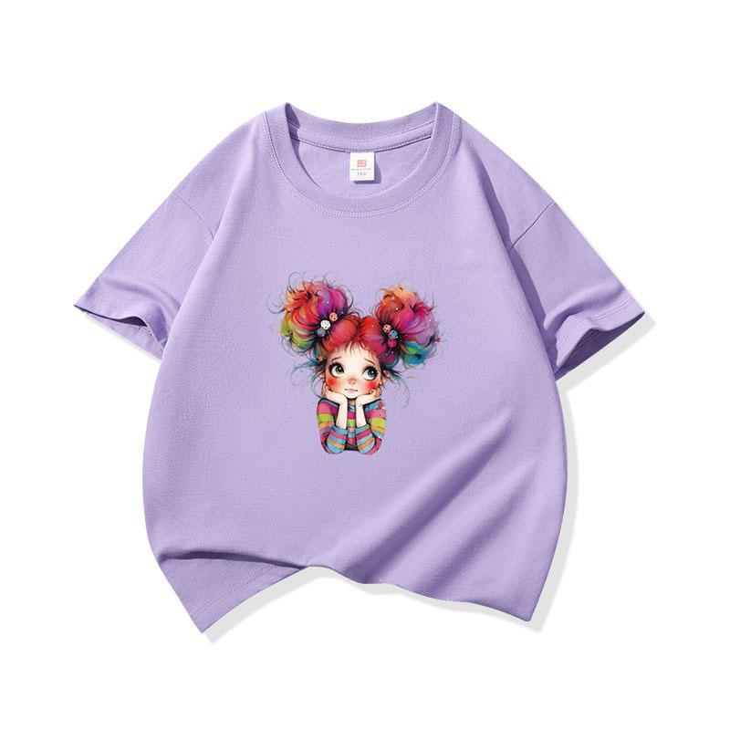 Kids Cotton T Shirt Cheerful Rainbow Hair Girl Graphic Print Crew Neck Short Sleeve Tee Casual Boys Girls Summer Tops
